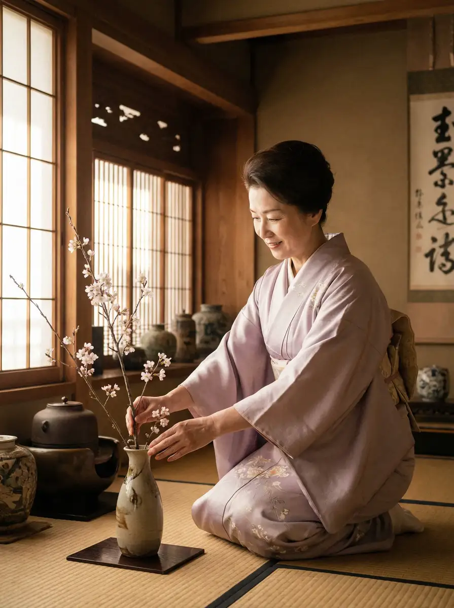 一位优雅的 黄动漫 在和室中插花